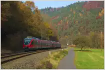 644 518 und 644 541 sind durch das herbstliche Kylltal südlich von Kordel als RE12 nach Trier unterwegs am 19. November 2011.