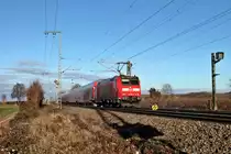 Nachschuss auf 146 109-4  Lahr (Schwarzw.) , als sie am 07.12.2013 ihrer RE aus dem Bahnhofsbereich von Müllheim (Baden) gen Norden schob.