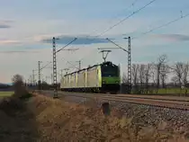 Nachschuss auf Re 485 004-6, Re 485 019-4, Re 485 018-6, Re 485 013-7 und Re 485 008-7 am 24.12.2013 westlich von Hügelheim gen Süden. Sie wurden als WIntermaßnahme von Freiburg (Brsg) Rbf nach Basel Bad Bf überführt wurden.