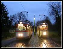 Bei einer kleinen Stadtrundfahrt von Nahverkehrsfreunden am 06.01.2007 mit dem M-Triebwagen 102 (ex 602) 1959 bei D�WAG gebaut, begegnete dieser an der ehemaligen Endhaltestelle Louisa zuf�llig dem L-l-Zug 124 (ex 224) - 1242 der von einer Firma angemietet worden war. 