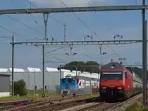 Re 460 101-9 zieht am 07.09.2014 den IC 826 von Romanshorn nach Brig am Stadler-Werk in Erlen (TG) vorbei, in dem ein unbekannter und unnummerierter Rangiertraktor sowie ein KISS stehen.