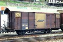 RhB - Gb 5812 am 27.05.1990 in St.Moritz - Gedeckter G�terwagen 2-achsig mit 1 offenen Plattform - Baujahr 1914 - SIG - Gewicht 7,35t - Zuladung 15,00t - L�P 8,54m - zul�ssige Geschwindigkeit 65 km/h - Lebenslauf: exBB K 224 - 1942 RhB K 5419 - 1965a - 1967 K� 5812 - 1969 Gb 5812 - 10/1996 Abbruch.
