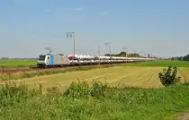 185 677-2 fuhr am 04.09.2014 mit einem Autozug in Richtung Emden, hier bei Petkum.