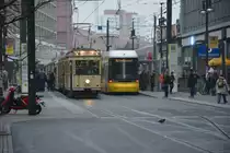 Triebwagen 5984 vom Typ T24/49 und Bombardier Flexity Berlin (4027) stehen nebeneinander am Alexanderplatz 11.11.2014.