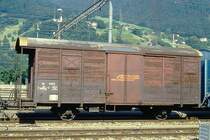RhB - Gb 5908 am 25.06.1994 in Landquart - Gedeckter G�terwagen 2-achsig mit 1 offenen Plattform - Baujahr 1931 - SWS - Gewicht 7,69t - Zuladung 15,00t - L�P 8,50m - zul�ssige Geschwindigkeit Aufkleber 70 km/h - �2=20.12.1990 - Lebenslauf: ex K� 5708 - 1950 K� 5908 - 1969 Gb 5908 - 07/1995 Abbruch - Hinweis: gescanntes Dia.
