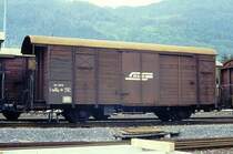 RhB - Gb 5910 am 20.05.1991 in Landquart - Gedeckter G�terwagen 2-achsig mit 1 offenen Plattform - Baujahr 1931 - SWS - Gewicht 7,56t - Zuladung 15,00t - L�P 8,50m - zul�ssige Geschwindigkeit 65 km/h - �2=04.05.1988 - Lebenslauf: ex K� 5710 - 1950 K� 5910 - 1969 Gb 5910 - 10/1996 Abbruch - Hinweis: gescanntes Dia.
