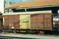 RhB - Gb 5919 am 28.06.1995 in Samedan - Gedeckter G�terwagen 2-achsig mit 1 offenen Plattform - Baujahr 1962 - FC - Gewicht 7,19t - Zuladung 15,00t - L�P 8,44m - zul�ssige Geschwindigkeit Aufkleber 70 km/h - �2=28.02.1992 - Lebenslauf: ex K� 5919 - 1969 Gb 5919 - 07/1995 Lb 7802 - Hinweis: gescanntes Dia.

