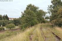 Fast 500 Meter lang ist das etwa 1995 erbaute Anschlussgleis der Firma Sigloch, das vom Bahnhof Blaufelden nach Nordwesten führt. Das Bild zeigt, dass es recht aufwändig mit einem Damm trassiert wurde. Links das tiefer liegende Streckengleis nach Lauda mit der Kilometertafel 22,8. Leider wurde das Anschlussgleis nur wenige Jahre genutzt und rostet seit der Jahrtausendwende vor sich hin.
