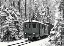 ASm/OJB: Kehrichtzug Langenthal-Niederbipp mit De 4/4 122 ex LMB CFe 4/4 Nr 6 (1917) im Hardwald im Dezember 1985. Damals wurde der Kehricht noch von der Verladestation Langenthal mit Normalbahngüterwagen auf Schmalspur-Rollschemel zum SBB-Bahnhof Niederbipp transportiert, wo die Kehrichtwagen von einem SBB-Güterzug übernommen wurden, der sie nach Solothurn-HB brachte. Heute werden die Kehrichtwagen nur noch auf einem kurzen Schmalspur-Streckenabschnitt auf Rollböcken von der KEBAG-Verladestation zur ASm-Rollbockanlage Langenthal transportiert. Im September 1992 wurde der De 4/4 122 abgebrochen. Foto: Walter Ruetsch