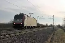 Am 18.01.2014 bespannte die 185 590-7 einen Containerzug in Richtung Belgien, als sie südlich von Buggingen unterwegs ist.