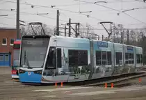 Vossloh 6N2(608)mit Rostocker Motive abgestellt auf dem Betriebshof der Rostocker Stra�enbahn AG.01.01.2015