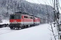 1142 589 +1144.... ziehen am 6.01.2014 einen Güterzug durch Langenwang.