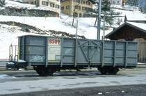 RhB - Fb 8509 am 11.04.1998 in Bergn - Hochbordwagen mit Stahlaufbau 2-achsig mit 1 offenen Plattform - Baujahr 1913 - bernahme 02.12.1980 - Rast/RhB - Gewicht 7,87 - Zuladung 15,00t - LP 8,89m - zulssige Geschwindigkeit Aufkleber 60 - 2=28.09.1988 - Lebenslauf: Ug ex L 6648 - 1969 E 6648 - 02.12.1980 Fb 8509 - 2003 E 8509 - ? 2006 Abbruch - Hinweis: gescanntes Dia
