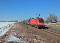 1116 021 mit einem Containerzug am 20.02.2015 bei Plattling. 
