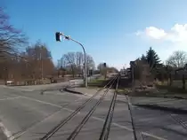 Dreischienengleis Richtung Lauterbach Mole am 22.Februar 2015 an der Station Lauterbach.