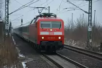 Am 06.02.2015 zieht diese BR 120 (120 127-6) den EuroCity 175 (Hamburg-Budapest). Aufgenommen bei der Durchfahrt Großbeeren.
