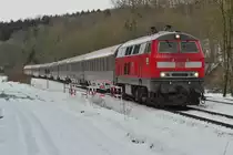 218 494-3 durchf�hrt am 31.01.2015 mit dem IC 119, M�nster (Westfalen) - Innsbruck, den Schussentobel bei Kilometer 162.6 in der N�he von Durlesbach