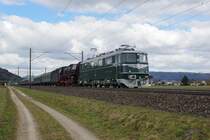 Mit einer Stunde Verspätung erschien der von der Ae 6/6 11407 und 01 1066 geführte Extrazug aus Deutschlad. In Wohlen wurde dieser mit demjenigen der Pacific 01 202 vereint und die beiden 01er zogen den Zug über den Gotthard nach Locarno. Das Bild entstand bei Dottikon-Dintikon.