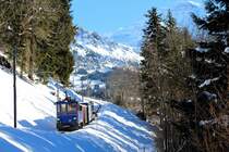 Wengernalpbahn Güterzug mit Lok 32 in Wengwald, 10.Februar 2015. 