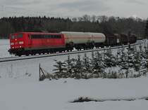 Aus Richtung Ulm kommend ist bei Beimerstetten 151 029-6 mit einem gemischten Güterzug in Richtung Stuttgart unterwegs (30.01.2015).