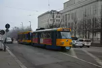 Tatra Straßenbahn  2137  auf der Linie 4 nach Stötteritz. Aufgenommen am 18.02.2015, Leipzig Goethestraße.
