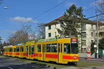 Be 4/8 205 zusammen mit dem Be 4/6 257 fahren während den Umleitungen anlässlich der Basler Fasnacht via Aeschenplatz Grosspeterstrasse nach Aesch. Die Aufnahme stammt vom 25.02.2015.