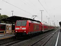 Zwischenhalt am 18.04.2014 von 146 114-4  Baden Württemberg erfahren  mit einem RE aus Offenburg zur Weiterfahrt nach Basel Bad Bf in Müllheim (Baden).