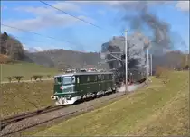 Ohne den hochglanzpolierten Blindenhund geht hier nichts. Ae 6/6 11407 Aargau f�hrt die 01 1066 mit ihrem Zug von Schaffhausen nach Wohlen. Wahrscheinlich muss die Ae 6/6 anschlie�end wieder gewaschen werden nach dem Kontakt mit der Schmutzfinkin hinter sich... Jestetten, M�rz 2015.