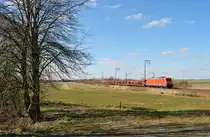 185 213-6 fuhr am 13.03.2015 mit einem Autozug von Emden nach Osnabrück, hier bei Petkum.