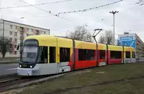 Polen / Straßenbahn Lodz: Bombardier 3000 Flexity Outlook C - Wagen 1203 aufgenommen im März 2015 an der Haltestelle  Pabianicka - R. Lotn. Lwowskich  in Lodz.