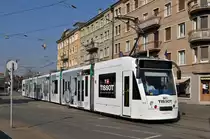 Be 6/8 Combino 319 macht neu Werbung für Tissot Uhren, anlässlich der Messe Basel World 15. Hier befindet sich der Wagen bei der Haltestelle Morgartenring. Die Aufnahme stammt vom 13.03.2015.