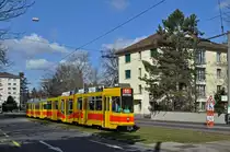 Be 4/8 207 zusammen mit dem Be 4/6 111 fahren während den Umleitungen anlässlich der Basler Fasnacht via Aeschenplatz Grosspeterstrasse nach Aesch. Die Aufnahme stammt vom 25.02.2015.