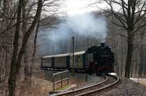 99 1762-6 (ex DR 99 762; DB EDV-Nr. 099 735-3) mit Zug 3006 im Lößnitzgrund auf der Fahrt nach Moritzburg kurz vor dem Hp Friedewald; 08.03.2015
