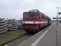 Die 142 110 zusammen mit der 142 145 von der Erfurter Bahnservice GmbH,am 09.April 2015,am Mukraner Bahnsteig.