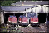 Blick auf den kleinen Lokschuppen im BW Löbau am 2.5.1990.
Gleich drei 112er gaben sich die Ehre: v. li. 112795 - 112568 und 112324.
