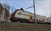 Die nicht entzerrte und ausgerichtete Variante sah spannendender als alle anderen Bearbeitungen aus und stellt den Blick auf das eigenwillige Design des Endwagen aus Sicht des überraschten Bahnfotografen am besten dar. RABe 514 019-9 beim Fischhölzlitunnel in Neuhausen. April 2015.