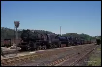 Am 3.5.1990 stand dieser Lokzug, vornehmlich aus ehemaligen DR Heizloks gebildet,
abfahrbereit im Bahnhof Nossen. Spitzenlok ist 528043.