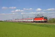 Hinter frischen grünen Feld und vor tollen Quellwolken fährt 1144.101 mit EC-159 bei Felixdorf in Richtung Wr.Neustadt am 20.4.15