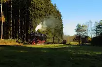 99 6001 mit IG HSB-Sonder-PmG am 19.10.2014 bei einer Scheinanfahrt am Kilometer 6,3, zwischen Sternhaus Haferfeld und Sternhaus Ramberg (Bild 3).