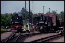 991564 und 991568 sind am 3.5.1990 im Schmalspurbahnhof Oschatz aktiv.