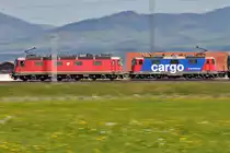 Mitzieher auf die Re 6/6 11676  Zurzach  und die Re 421 380-6 die mit einem Mineralölzug bei Reichenburg vorbeifahren.Bild vom 21.4.2015
