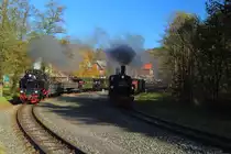 Doppelausfahrt von 99 6001 und 99 5906 mit zwei Sonder-PmG`s der IG HSB am 19.10.2014 aus dem Bahnhof Alexisbad. (Bild 3)