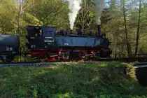 Nachdem 99 6001 und 99 5906 mit ihren beiden IG HSB-Sonder-PmG`s am 19.10.2014 eine Doppelausfahrt aus dem Bahnhof Alexisbad durchgeführt hatten, hielt 99 6001 mit ihrem Zug kurz an, um die Fotografen wieder einsteigen zu lassen. Aus diesem konnte ich dann noch das zu sehende Bild von 99 5906 machen, welche sich hier gerade auf der abzweigenden Stichstrecke nach Harzgerode hinauf befindet.