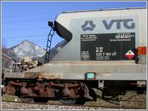 www.vtg-railcom steht auf einem der Braunkohlestaubwagen, die zweimal pro Woche als Ganzzug die Holcim Zementwerke in Untervaz erreichen. (09.02.2007)