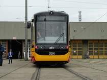 VBK Vossloh NET2012 334 in Karlsruhe Betriebshof West beim Tag der Offenen Tür bei der VBK am 25.04.15