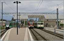  Full House  in Cheseaux: Links wartet ein RBe 4/8 auf die in 15 Minuten statt findende Abfahrt nach Lausanne Flon, in der Mitte kreuzt ein weiterer RBe 4/8 von Bercher nach Lausanne Flon unterwegs den Schnellzug nach Bercher bestehend dem Be 4/8.  
25. April 2014