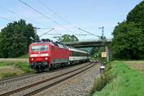 120 114-4 mit dem EC 7 von Hamburg-Altona nach Z�rich HB am Mittag des 08.08.14 s�dlich von Kollmarsreute.