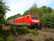 189 018 mit dem Mercedes Zug am 7.8.2006 in Eystrup an der Bahnhofseinfahrt