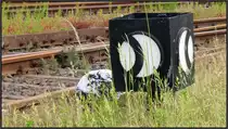 Natur und Technik! Eine alte Weichenlaterne diente hier als Motiv. Muskelkraft ist hier beim Umstellen der Weiche noch gefragt,am Güterbahnhof Stolberg (Rhl) am 31.Mai 2015 von der Probsteistraße aus gesehen.