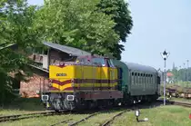 Sommerfest im Traditionsbahnbetriebswerk Staßfurt: AVG 423 002-5 / V 90 002 mit dem Pendelzug Staßfurt Bahnhof – Staßfurt Leopoldshall (BW Staßfurt) und zurück 06.06.2015